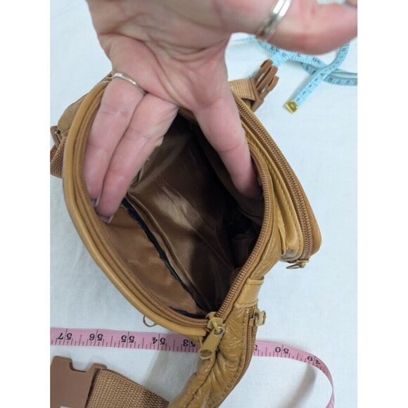 Tan leather patchwork 6 zipper pocket adjustable fanny pack, belt bag G6 - Picture 8 of 9